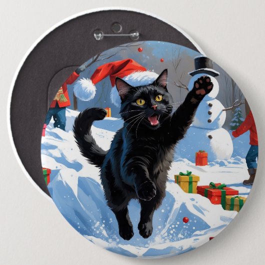 黒猫のクリスマススノーシーン 缶バッジ (正面&裏面)