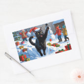 黒猫のクリスマススノーシーン 長方形シール (封筒)