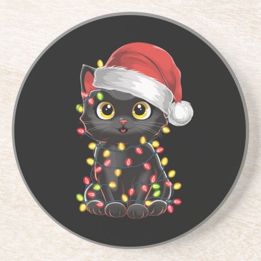 黒猫のクリスマスツリーのライト 冗談めいたサンタの子猫 コースター (正面)