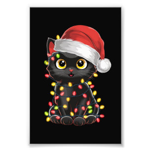 黒猫のクリスマスツリーのライト 冗談めいたサンタの子猫 フォトプリント           