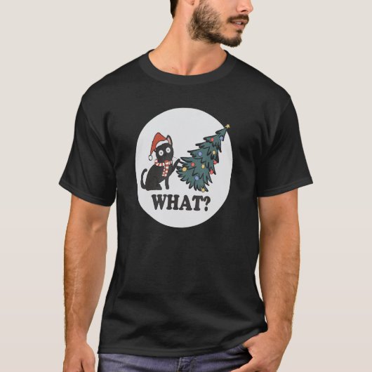 黒猫のクリスマスツリーサンタ帽子なんて可愛いアニマ Tシャツ (正面)