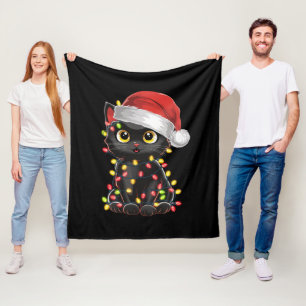 黒猫のクリスマスツリーライト 冗談めいたサンタの子猫 フリースブランケット
