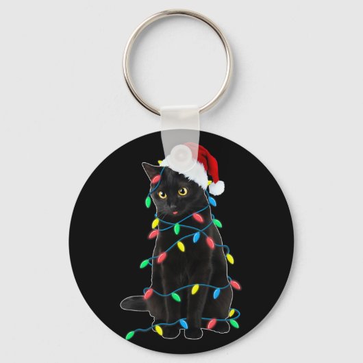 黒猫のクリスマスツリーライト 楽しいサンタの子猫 キーホルダー (正面)