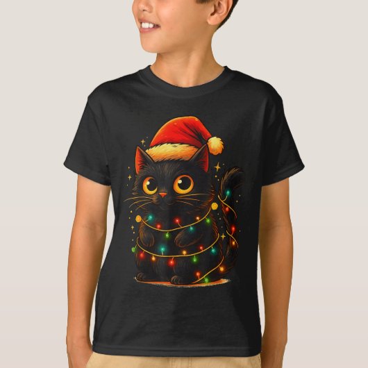 黒猫のクリスマスツリーライト 楽しいサンタの子猫 Tシャツ (正面)