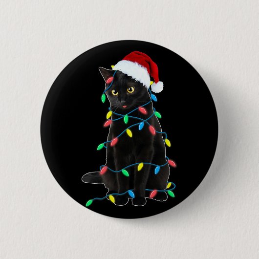 黒猫のクリスマスツリーライト 楽しいサンタ 子猫 缶バッジ (正面)