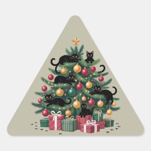 黒猫のクリスマスツリー 猫好き クリスマスイルミネーション 三角形シール (正面)