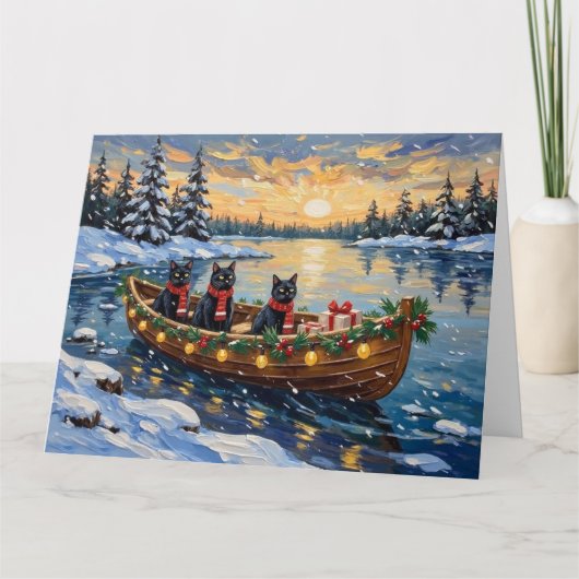 黒猫のクリスマスボート ホリデー カード (正面)