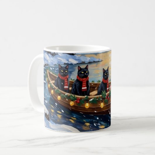 黒猫のクリスマスボート ホリデー コーヒーマグカップ (正面左)