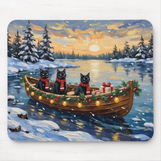 黒猫のクリスマスボート ホリデー マウスパッド (正面)
