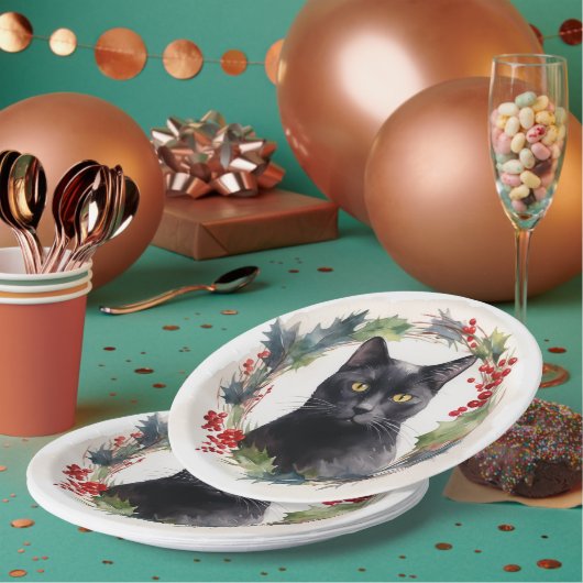 黒猫のクリスマスリースの可愛い猫 ペーパープレート (複数)