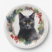 黒猫のクリスマスリースの可愛い猫 ペーパープレート (正面)