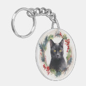 黒猫のクリスマスリース フェスティブな子猫 キーホルダー (正面左)
