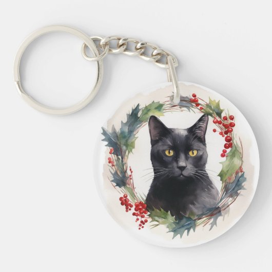 黒猫のクリスマスリース フェスティブな子猫 キーホルダー (正面)