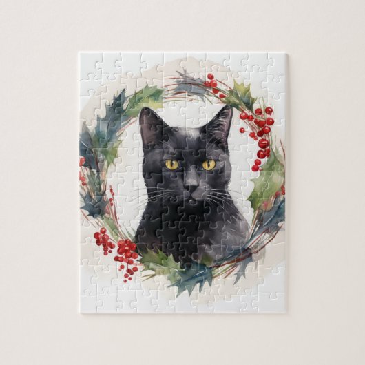黒猫のクリスマスリース フェスティブな子猫 ジグソーパズル (縦)