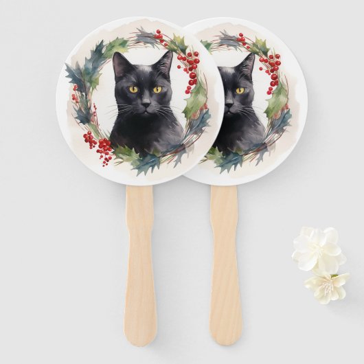 黒猫のクリスマスリース フェスティブな子猫 ハンドファン (正面&裏面)