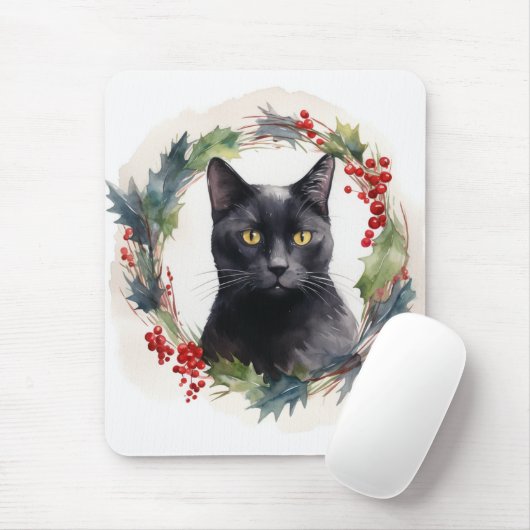 黒猫のクリスマスリース フェスティブな子猫 マウスパッド (マウス)