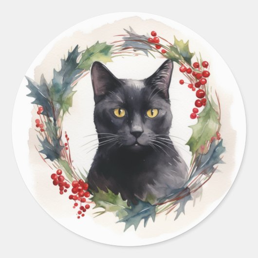 黒猫のクリスマスリース フェスティブな子猫 ラウンドシール (正面)
