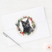 黒猫のクリスマスリース フェスティブな子猫 ラウンドシール (封筒)