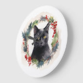 黒猫のクリスマスリース フェスティブな子猫 ラージ壁時計 (傾斜)