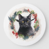 黒猫のクリスマスリース フェスティブな子猫 ラージ壁時計 (正面)