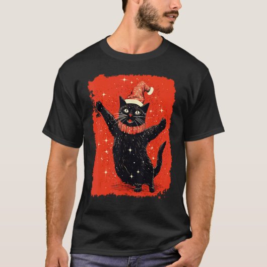 黒猫のクリスマスレッド Tシャツ (正面)