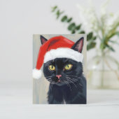 黒猫のクリスマス絵画サンタ帽子 シーズンカード (スタンド正面)