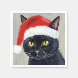 黒猫のクリスマス絵画サンタ帽子 スタンダードカクテルナプキン