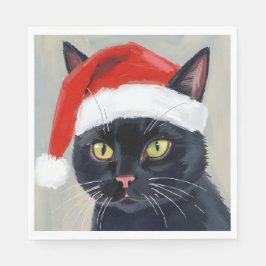 黒猫のクリスマス絵画サンタ帽子 スタンダードランチョンナプキン