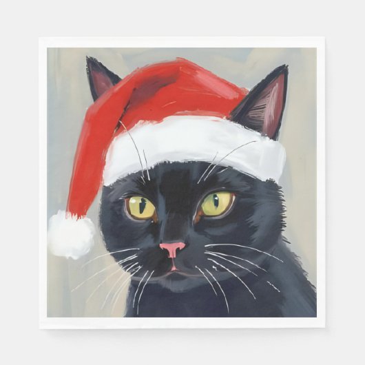 黒猫のクリスマス絵画サンタ帽子 スタンダードランチョンナプキン (正面)