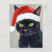 黒猫のクリスマス絵画 サンタ帽子 シーズンポストカード (正面)