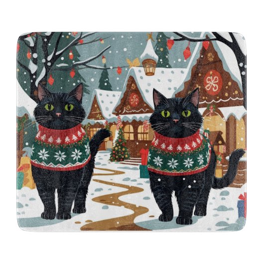 黒猫のクリスマス雪の休日 カッティングボード (正面)