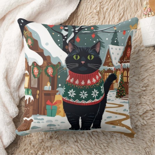 黒猫のクリスマス雪の休日 クッション (ブランケット)