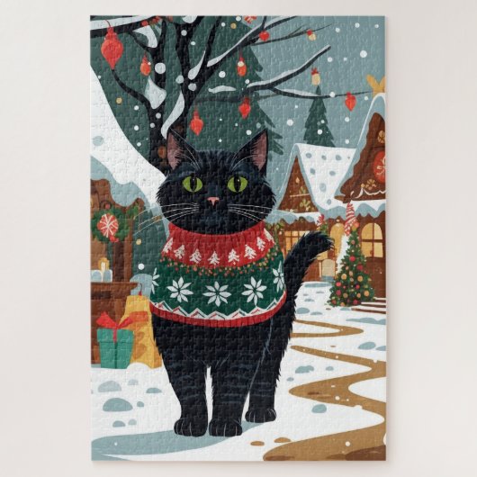 黒猫のクリスマス雪の休日 ジグソーパズル (縦)