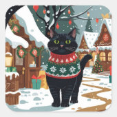 黒猫のクリスマス雪の休日 スクエアシール (正面)