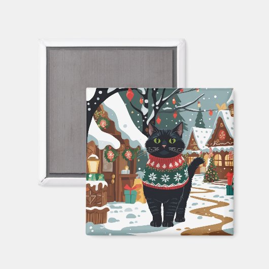 黒猫のクリスマス雪の休日 マグネット (正面/裏面)