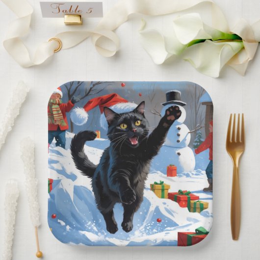 黒猫のクリスマス スノーシーン ペーパープレート (ウェディング)