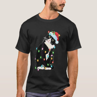 黒猫のクリスマス・ライト 楽しいサンタ帽子 黒猫 Tシャツ
