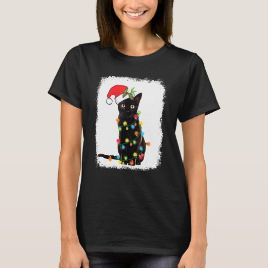 黒猫のクリスマス ライト 猫 クリスマス Tシャツ (正面)
