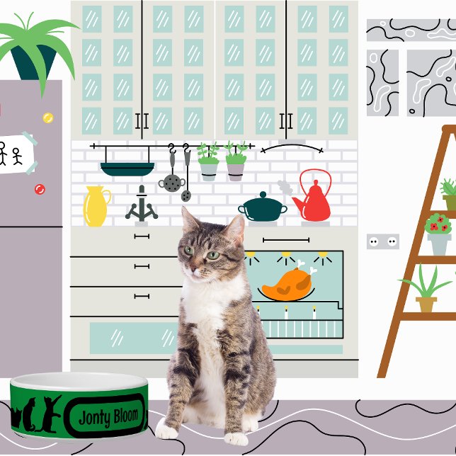 黒猫のグリーン シルエット パターンに猫の名前 ボウル (クリエイターアップロード済み)