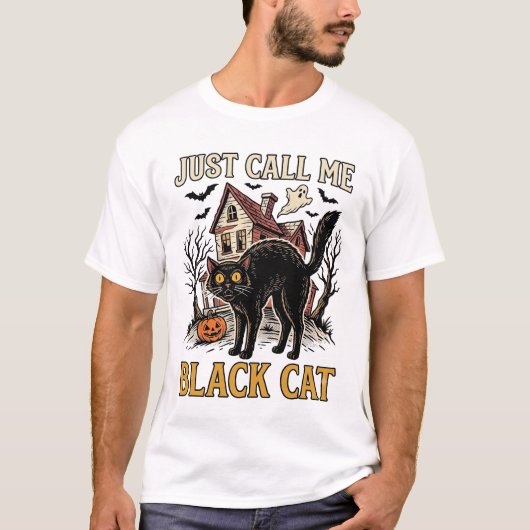 黒猫のコスチューム 幽霊屋敷 楽しいハロウィン S Tシャツ (正面)