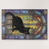 黒猫のゴシック調のステンドグラス窓 ジグソーパズル (横)