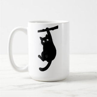 黒猫のシルエットが頑張ってぶら下がる面白いデザイン コーヒーマグカップ
