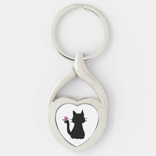 黒猫のシルエットとピンクの蝶 キーホルダー (正面)