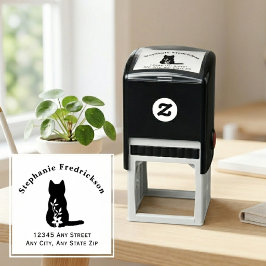 黒猫のシルエットとフラワーモチーフの猫好きデザイン セルフインキングスタンプ