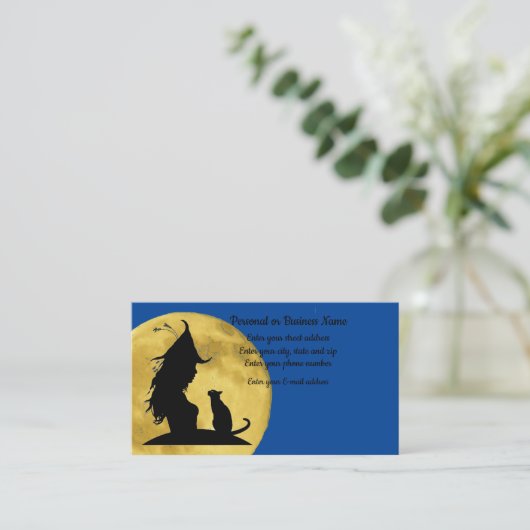 黒猫のシルエットフルムーンにあいさつする魔女 名刺 (スタンド正面)