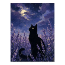 黒猫のシルエット ウォールアート — ラベンダー畑の夜