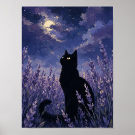 黒猫のシルエット ウォールアート — ラベンダー畑の夜