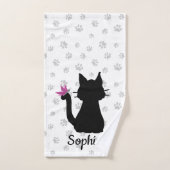 黒猫のシルエット ピンクの蝶が尻尾と手足に バスタオルセット (ハンドタオル)