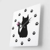 黒猫のシルエット ピンクの蝶 ラージ壁時計 (傾斜)
