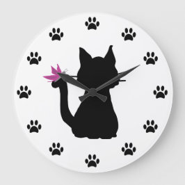 黒猫のシルエット ピンクの蝶 ラージ壁時計